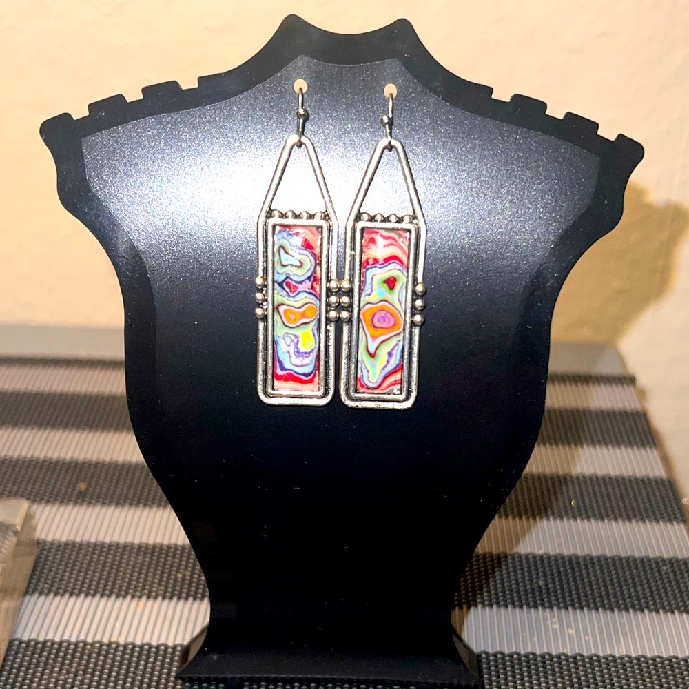 🎆 3 for $20 🎆   Silvertone dangle earrings with psychedelic swirl of colors